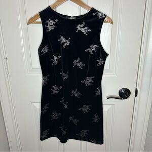 VTG 90s Aqua Blues Black Velvet Silver Dragon Oriental Style Mini Dress Sz M